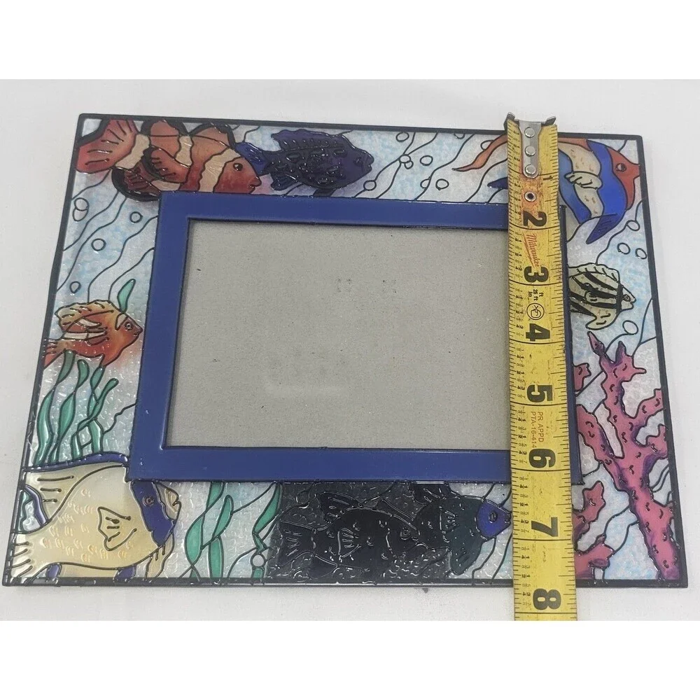 Vintage FIGI Hand Painted Fish Scene  Stained Glass Frame For 4x6 Photo